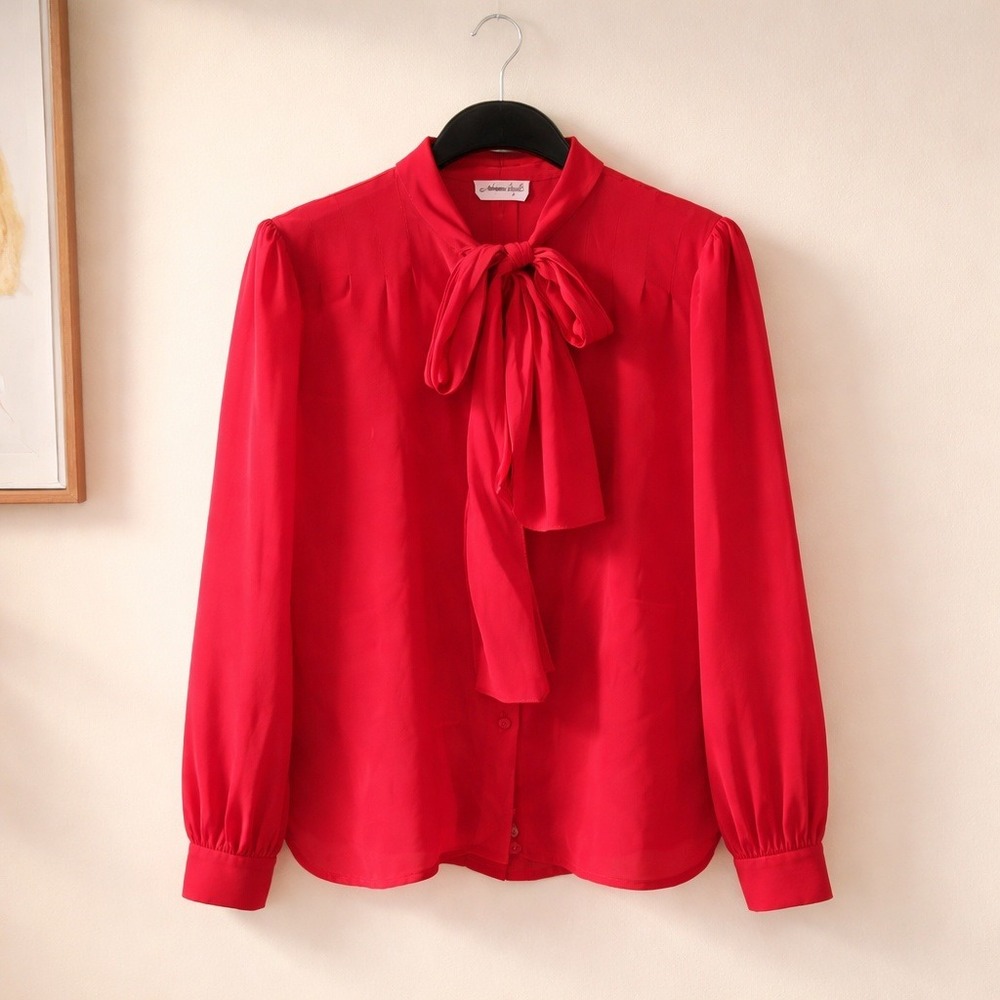 Adrianna Papell 10 Vintage 100%‎ Silk 80's Red Bow Tie Neck Blouse Top Victorian